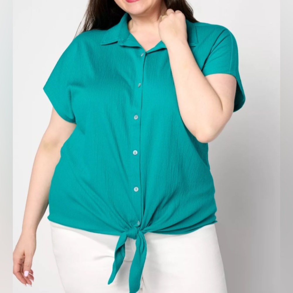 Belle by Kim Gravel Short Sleeve Tie Front Salmon Top 3XL